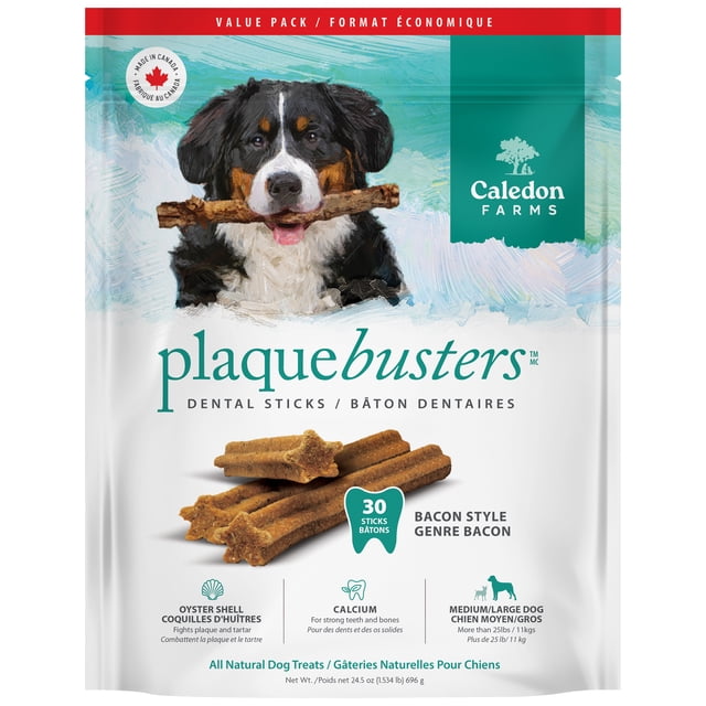 Caledon Farms Plaque Busters Bacon Value Pack 696g resealable pouch with an illustrated Bernese Mountain Dog holding a dental stick, containing 30 bacon-flavored dental sticks made with oyster shell calcium to reduce plaque and tartar, designed for medium to large dogs over 25 lbs (11 kg).