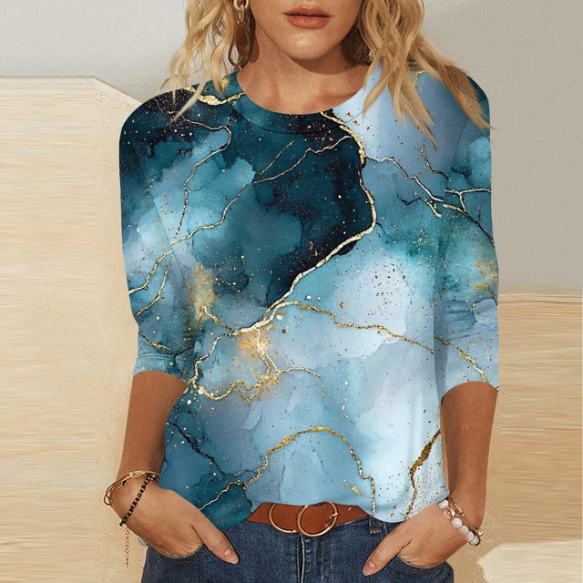 UPPADA Blouses pour Femmes Grande Taille à Manches 3/4, T-Shirts à Imprimé Floral Teintable, Chemises Décontractées Tendance à Col Rond, Chandails Confortables à Enfiler, Hauts Blouses Mignons d'Été, Chemises à Manches 3/4 pour Femmes, Économie