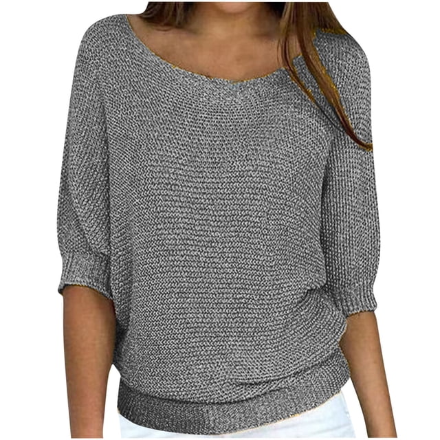 Mrat Ensembles de Chandails pour Femmes Col Rond Chandails en Tricot Longs Chandails Hauts Chandail pour Femmes Manches 3/4 Chandail Confortable Chemise Gris 3TG