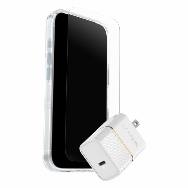 OtterBox Protection+Power Kit for iPhone 17 Pro with clear Symmetry MagSafe case featuring integrated Camera Control button, glass screen protector for drop and scratch defense, and compact 30W white GaN wall charger with foldable prongs.