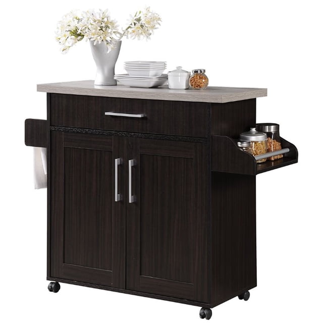 Pemberly Row Kitchen Island Rolling Cart with Spice and Towel Rack in Chocolate Gray