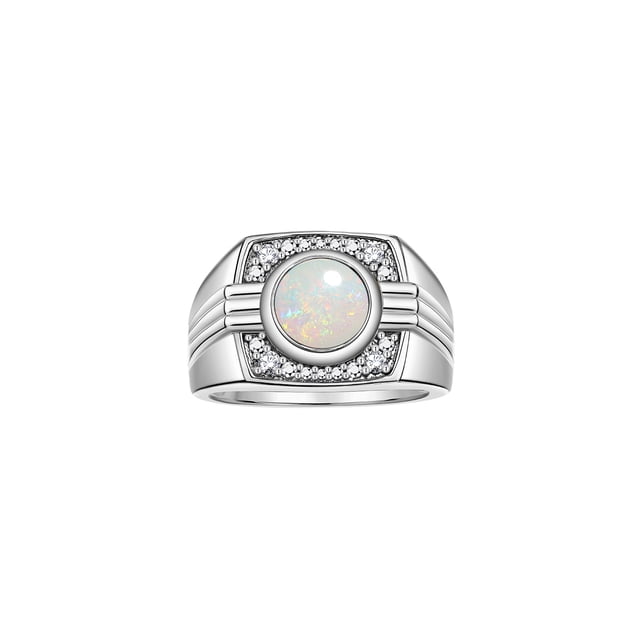 RYLOS Mens Rings 14K White Gold Designer Round Gemstone & Sparkling Diamond Ring Opal October Birthstone Rings For Men, Men's Rings, Gold Rings Sizes 8 - 13