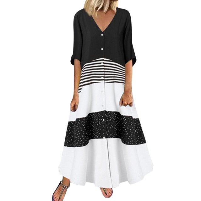B91xZ Robes pour Femmes 2024 Robe Chemise à Manches Courtes Plissée Boutonnée Col en V Décontractée Travail Fluide, Noir m