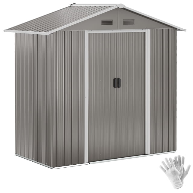Outsunny Remise de Jardin en Métal 6,5 X 3,5 Pi pour Rangement Extérieur en Gris, Faite d'Acier Galvanisé pour la Durabilité et la Résistance aux Intempéries. Comprend des Portes Coulissantes Doubles pour un Accès Facile, Quatre Évents pour l'Aération et un Toit en Pente pour Prévenir l'Accumulation d'Eau. la Porte Verrouillable Ajoute de la Sécurité. Dimensions : 76,4 Pouces de long, 43,3 Pouces de Large et 72,4 Pouces de Haut.