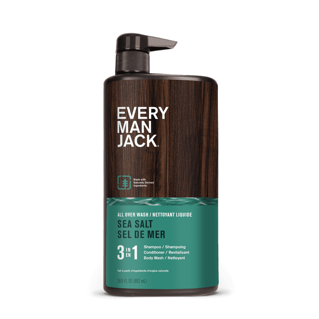 Every Man Jack 3-en-1 Nettoyant Intégral Sel de Mer 852 ml - Gel Douche 3-en-1, Shampoing et Nettoyant pour le Visage dans une Bouteille en Plastique Ambre Orientée vers l'Avant avec Bouchon à Rabat; l'Étiquette Lit Sel de Mer et 852 ml et Liste Sans Parabènes, Phtalates Ni Colorants. Placé sur un Fond Blanc Uni; Convient aux Sacs de Sport Ou aux Trousses de Toilette de Voyage.