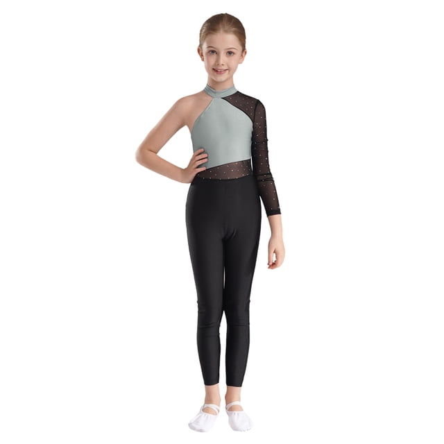 RUNQHUI Leotard Gymnastic for Girls One Piece Color Block Ballet Dance Jumpsuit Tumbling Skating Gray 8