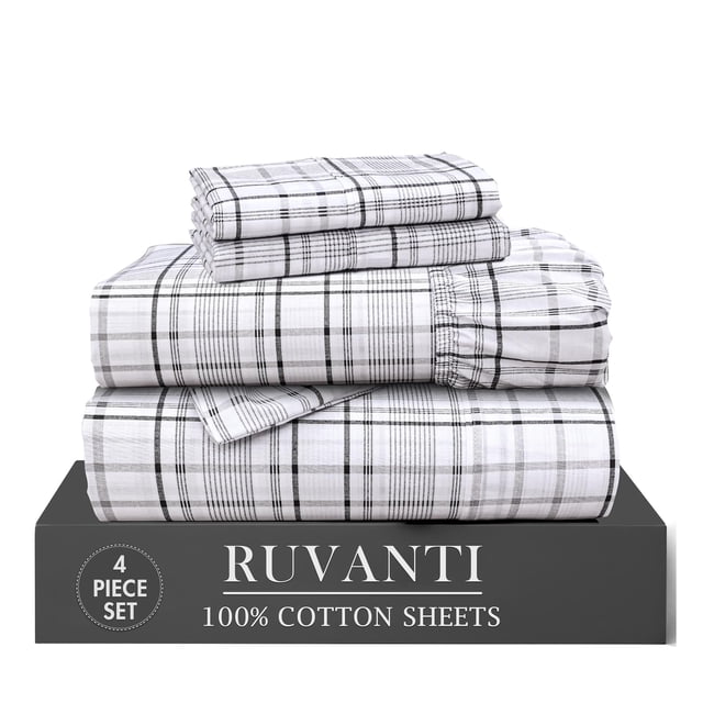 RUVANTI 4 Pcs Cotton Sheets - 100% Natural Cotton Soft, Lightweight & Breathable Crispy Percale Bed Sheets, Twin Sheets Set 16" Deep Pockets, Open Check