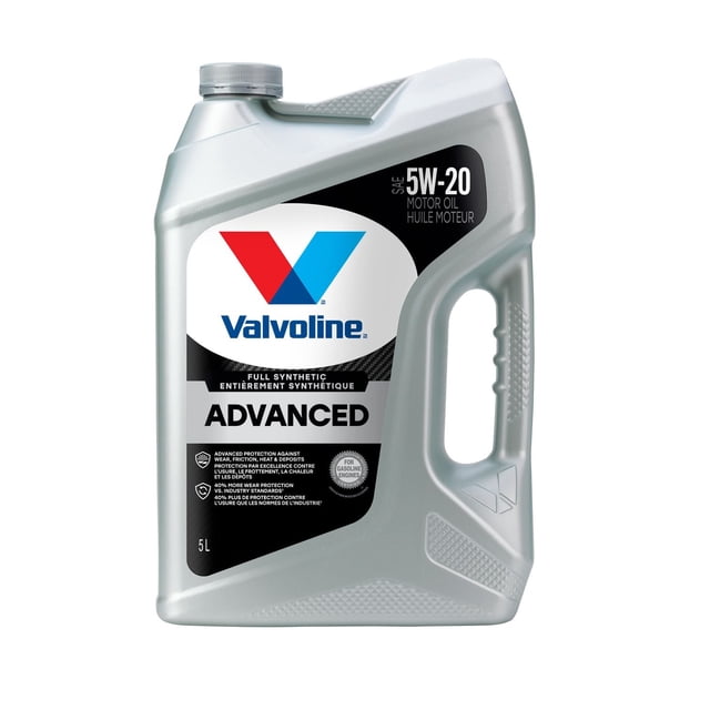 Valvoline Advanced Full Synthetic 5W20 Motor Oil front-facing centered shot of a blue Valvoline easy-pour plastic bottle with the V logo and yellow label; label text notes full synthetic 5W-20, anti-wear and detergent additives for engine protection in cars, trucks and SUVs under severe driving conditions, and is often used as a top-up for small engines.