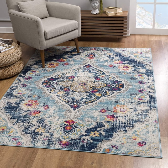 homeroots home decor 392981 2’ x 4’ Blue Distressed Medallion Area Rug