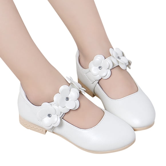 GiLiling Girls Mary Jane Princess Dress Shoes, Closed-Toe Ballet Flats with Flower Accent, Low Block Heel for Parties Wedding (White, 11-11.5 Years)