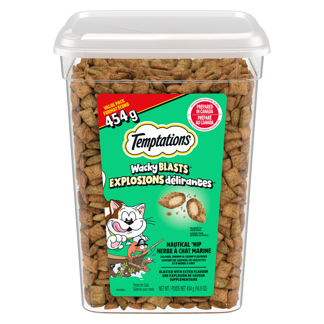 Temptations Wacky Blasts Cat Treats, Nautical 'Nip Flavour, 454g Tub centered, front-facing tub labeled TEMPTATIONS showing bite-sized crunchy-outside, soft-inside treats in salmon, shrimp and catnip flavours; under 2 calories per treat and 454g packaging, often used as training rewards.