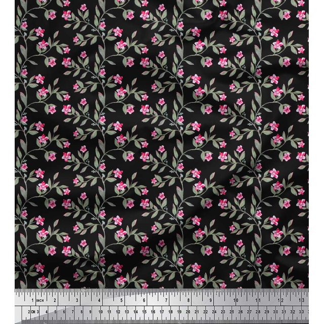 Soimoi Black polyester Crepe Fabric Leaves & Azalea Floral Print Sewing Fabric Yard 52 Inch Wide