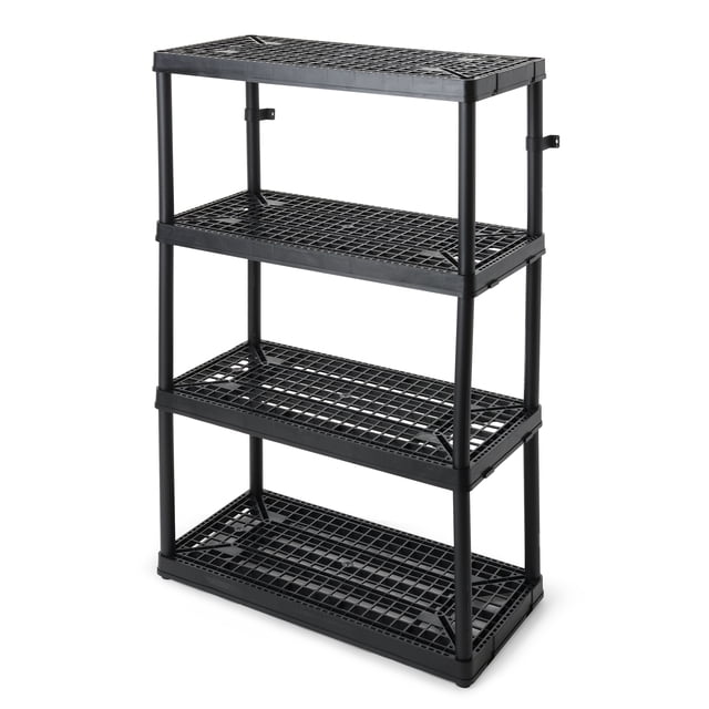 Gracious Living 4 Shelf Fixed Height Ventilated Heavy Duty Storage Unit in black, featuring four ventilated plastic shelves with a fixed height design. Each shelf supports up to 150 pounds, with a total capacity of 600 pounds. The unit measures 18 inches long, 36 inches wide, and 54.5 inches tall. Designed for versatile use in garages, kitchens, laundry rooms, or as a bookcase. Includes brackets for optional wall mounting and interconnects with additional units for expanded storage.