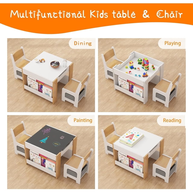 Ourlova Kids Table and Chair Set - 4-in-1 Wooden Activity Table with 2 Chairs and Storage Drawer