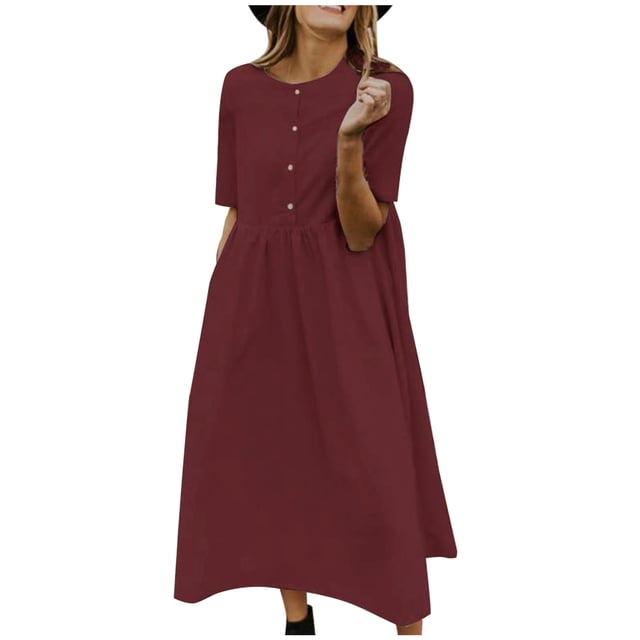 XZNGL Linen Dresses for Women Summer Women Summer Casual Solid Short Sleeve Dresses Button Cotton Linen Loose Dress Short Sleeve Dresses for Women Short Summer Dresses for Women