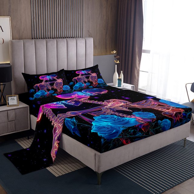 Skull Sheet Set Gothic Skeleton Bone Sheets,Extoic Blue Rose Floral Bed Sheets Set Twin For Adults Woman Men Goth Skull Flat Fitted Sheet
