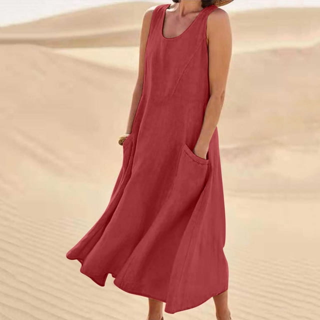 Aqestyerly Robe Longue pour Femme Sans Manches Été Couleur Unie Coton Lin Coupe Ample Décontractée Mode Confortable Quotidienne Robe Maxi HWRETIE