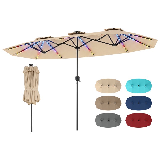 Costway Double-Sided Patio Umbrella with Color-Changing Flowing Solar LED Lights Crank Lift Beige