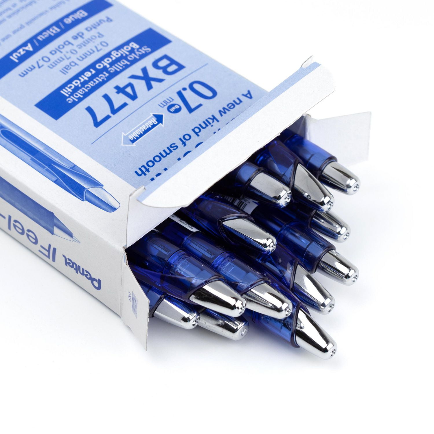 Pentel Feel-It!, Low Viscosity, Retractable Ballpoint Pen, Blue Ink, Metal Tip, 0.7mm, Box of 12