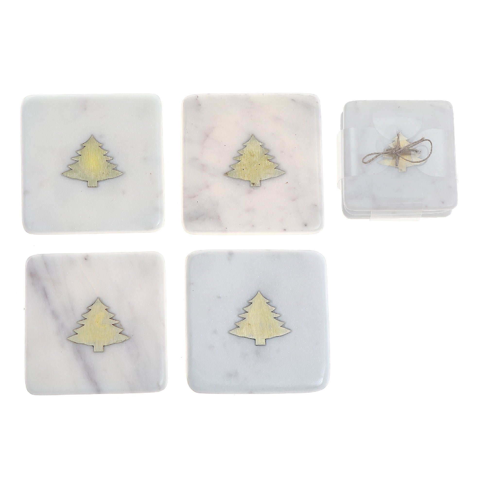 Lot De 4 Sous-Verres Carrés En Marbre Blanc Avec Incrustations En Laiton Représentant Un Arbre (10 X 10 Cm)