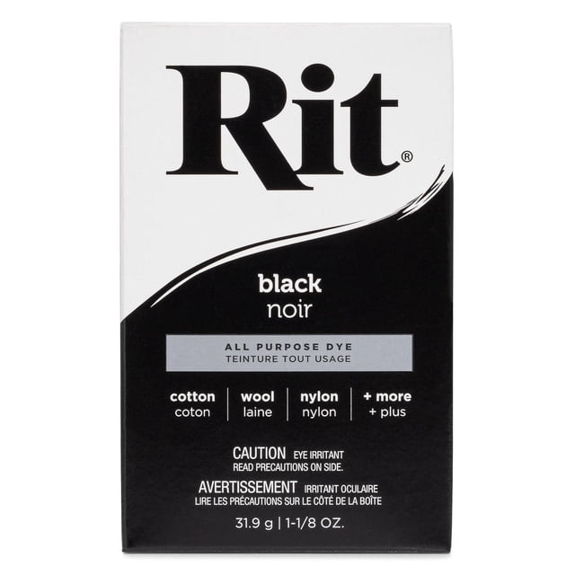 Rit All Purpose Powder Dye black in 31.9 g (1 1/8 oz) box, suitable for dyeing cotton, wool, nylon, and more fabrics, with bilingual English and French text and an eye irritant caution.