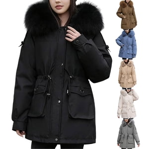 UPPADA Women's Faux Fur Hooded Parka Fleece Lined Quilted Jackets Lightweight Mid Length Winter Coats Long Puffer Coats with Pockets,Puffer Jacket Womens Quilted Khaki,M