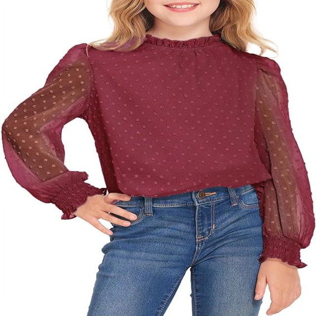 Pull-Over Blanc à Manches Longues pour Filles avec Manches à Volants Pois Suisses Haut Blouse Col Rond 5-12 Ans