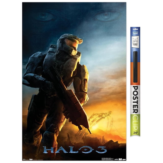 Halo 3 - Affiche Murale de Réveil Représentant un Soldat Blindé Orienté vers l'Avant avec une Visière Lumineuse Tenant un Fusil, Posée contre un Ciel au Coucher du Soleil Présentant une structure d'Anneau Futuriste et de Grands Yeux Légers en Arrière-Plan, Imprimée sur Papier d'Affiche Lustré, 22,375 par 34 Pouces, Idéale pour la Décoration Murale de Chambre Ou de Bureau.