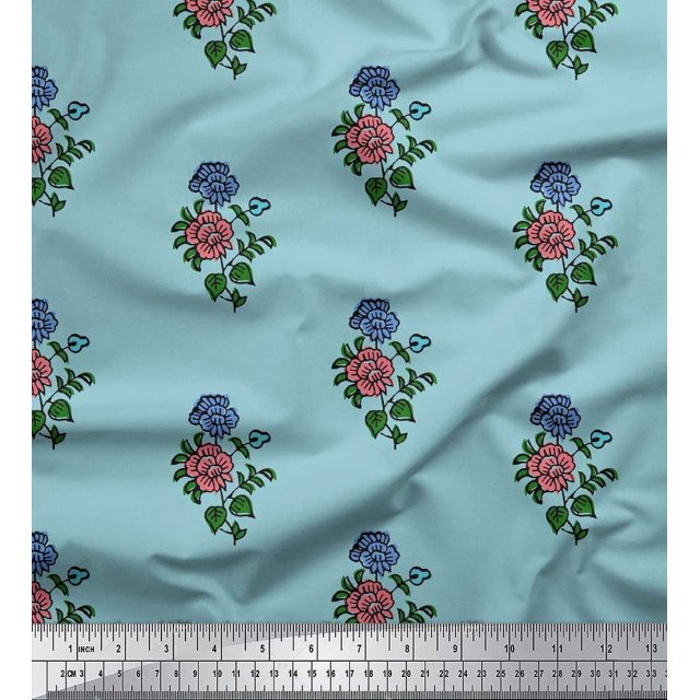 Soimoi Rayon Crepe Fabric Leaves & Floral Block Print Fabric by Yard 46 Inch Wide