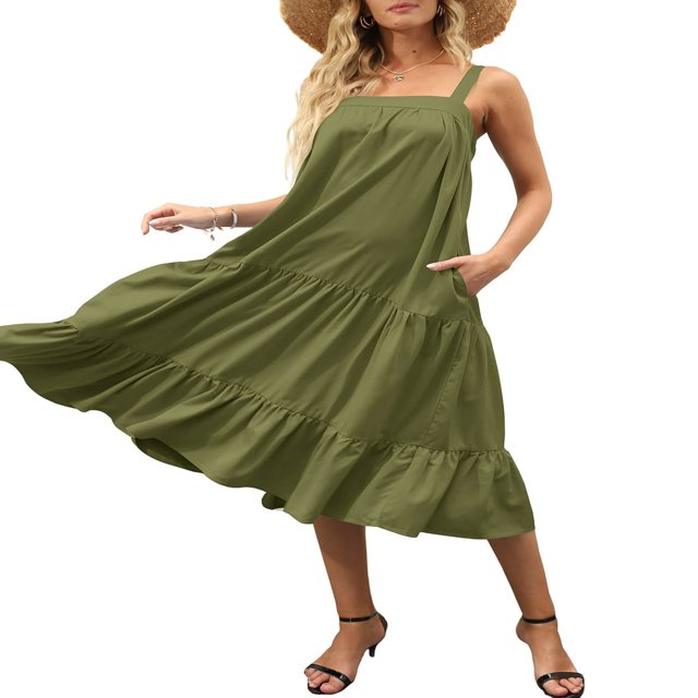 Femmes Midi Débardeur Robe d'Été Sans Manches Couleur Unie Ruffle Étagé Plage Boho Robe