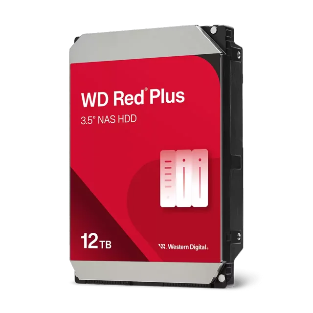 Western Digital 12TB WD Red Plus NAS SATA HDD, 3.5" Internal Hard Drive HDD, 7200 RPM, 512MB Cache, CMR - WD120EFGX 3.5-inch SATA internal HDD, 12TB capacity, 7200 RPM spindle, 512MB cache and CMR; RAID-optimized for NAS up to 8 bays, rated 180TB/year workload and 1,000,000-hour MTBF, suitable for NAS storage, backups and small business or media server arrays.