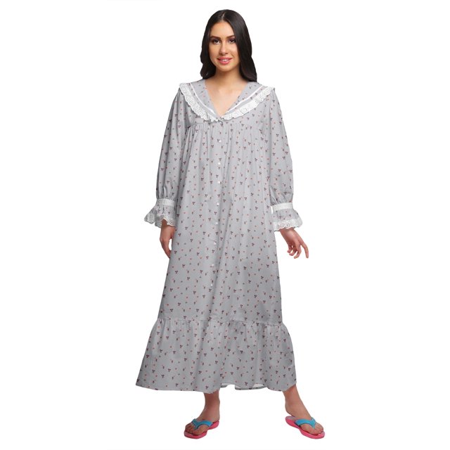 Moomaya Chemise de Nuit Maxi Boutonnée à Manches Longues Imprimée en Coton pour Femmes