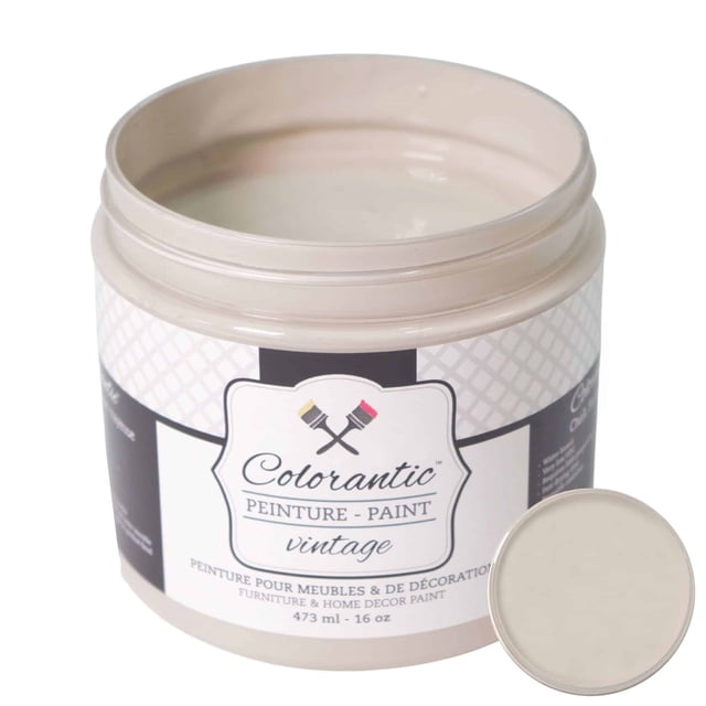 Colorantic | CAPPUCCINO Chalk Paint Based for Furniture DIY - LIGHT COFFEE - 16 oz. A 473 ml (16 oz) plastic container with a resealable white lid, filled with light coffee-coloured chalk paint. The label features the Colorantic logo and product details, emphasizing its eco-friendly, non-toxic, and quick-drying properties. Ideal for furniture restoration, arts and crafts, and DIY projects.