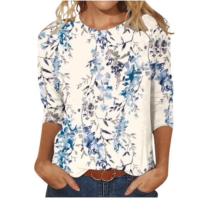Pompotops T-shirt Ample Imprimé Mode Femme Manches 3/4 Mi-Longueur Col Rond Décontracté en Liquidation