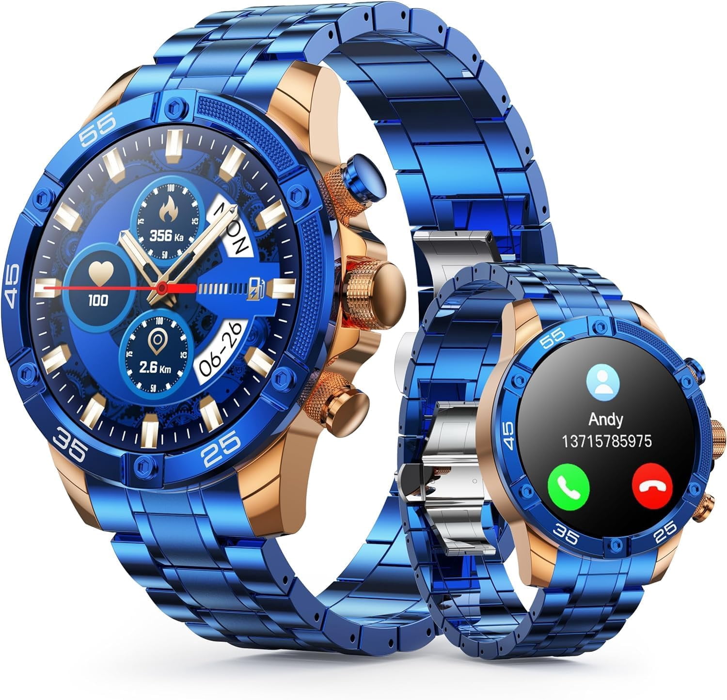 OHUGNA Men's Smart Watch Round HD 1.53" Gold Blue Smart Watches for Men, Multiple Sports Modes, Bluetooth Voice Call. Available for iOS and Android (