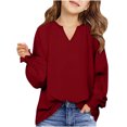thumbnail image 1 of MeetoTime Girls Solid Color Loose Puff Sleeve Long Sleeve V-neck Top Spring Fall Kids Shirt 6-16 Years, 1 of 7