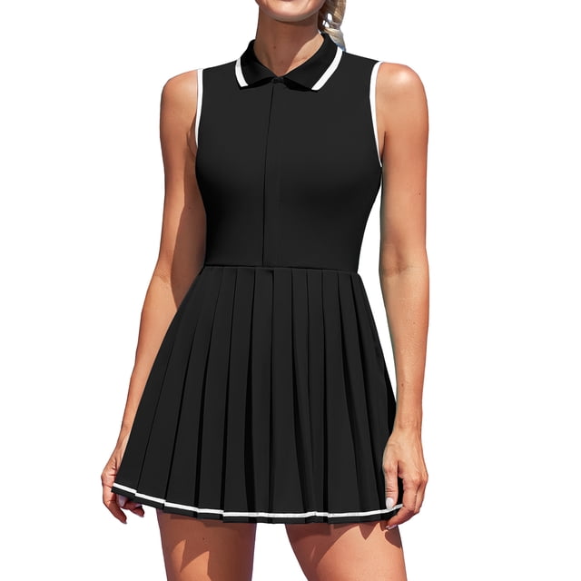 Charmo Robe de Tennis à Fermeture Éclair pour Femmes, Robe Polo d'Entraînement de Golf Noire, Conçue avec une silhouette Trapèze Plissée, Encolure Polo et Coupe Sans Manches. Fabriquée à Partir de 93 % polyester et 7 % Élasthanne, Cette Tenue de Sport Légère et Qui Évacue l'Humidité Comprend des Coussinets Amovibles Intégrés et des shorts Taille Haute Séparés avec Poches Cachées pour l'Essentiel. Parfaite pour le Golf, le Tennis, le Cyclisme et Autres sports Actifs.