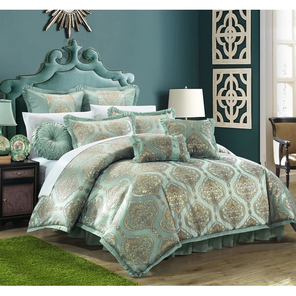 Chic Home Ensemble de 9 Pcs Décorateur de Chambre Tissu Jacquard de Qualité pour Rembourrage Ensemble de Couette et Coussins, Très Grand, Bleu