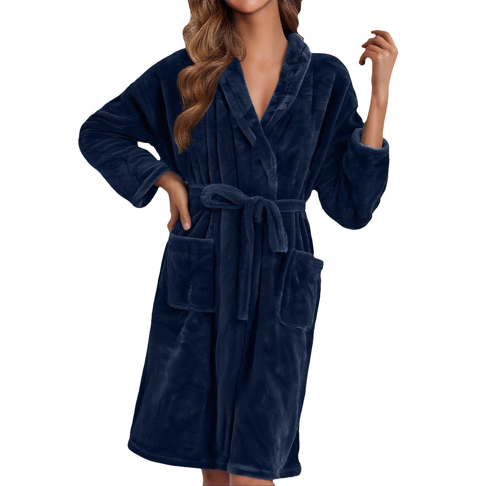 ManxiVoo Plush Fleece Long Robe Shawl Collar Cozy Warm Bathrobe Spa Relaxation House Coat L Size Navy