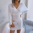 thumbnail image 4 of EGNMCR Robes de Vacances pour Femmes Mode Décontractée Col en V Tricoté Sac Hanche Couleur Unie Robe à Manches Longues, 4 of 8