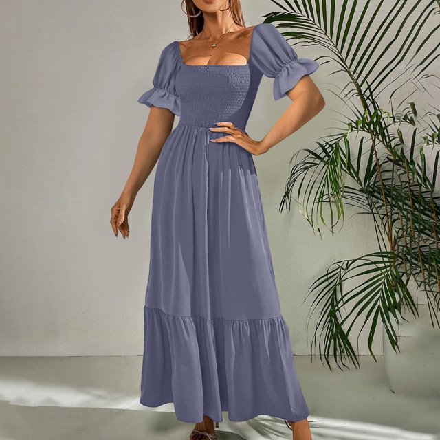 SMihono Robe Bohème d'Été pour Femmes Grande Taille Mode Décontractée d'Été Col Carré Uni Manches Courtes Femmes Robe pour Femmes Longues Robes