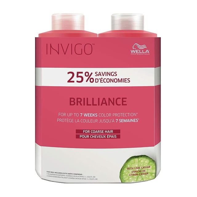 Wella Invigo Brilliance Shampoo & Conditioner hair care set for coarse colored hair, featuring two 33.8 oz bottles. The packaging highlights 25% savings and up to 7 weeks of color protection with lime caviar extract. Ideal for maintaining vibrant hair color and nourishment.