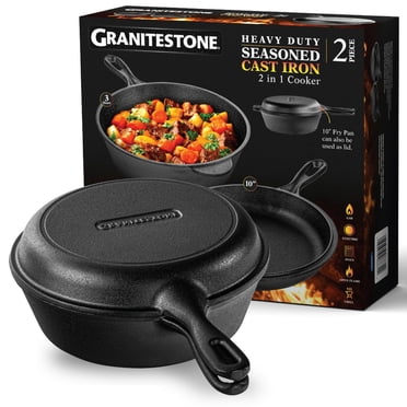 Granitestone Cast Iron 2-in-1 Cooker Set – Heavy Duty Pre-Seasoned 3 Qt Pan with 10” Skillet Lid