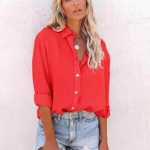Babysbule Hauts pour Femmes Manches Longues Liquidation Mode Femmes Décontracté Poches Uni Col Rabattu Cardigan Manches Longues T-Shirt Ample Blouse Hauts à Boutons