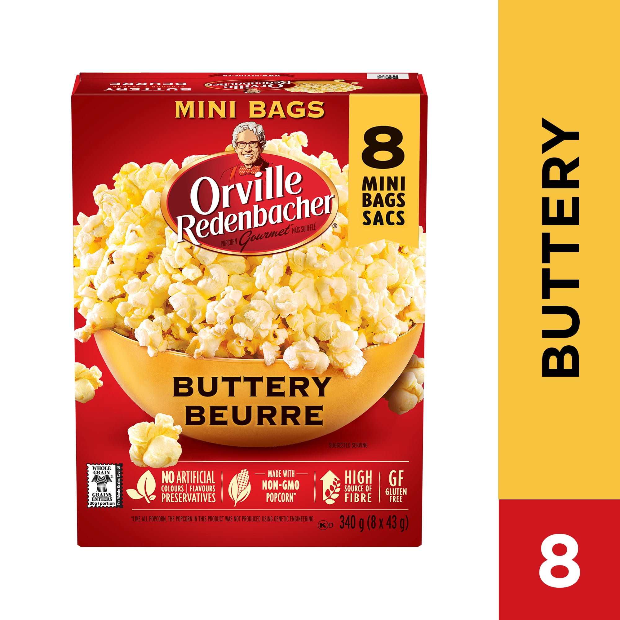 Orville Redenbacher Maïs éclaté au micro‑ondes saveur beurre, maïs éclaté 100 % grains entiers, sans gluten, 340 g (8 mini sacs x 43 g)