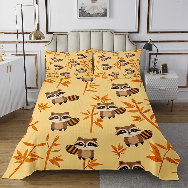 Ensemble de Courtepointe pour Enfants Cute Raccoons, Ensemble de Courtepointe Dessin Animé Raccoon Faune, Format Simple pour Garçons Filles, Joli Couvre-Lit Animal Sauvage, Décor Feuilles, Ensemble de Lit Animal Brun, Déco de Chambre