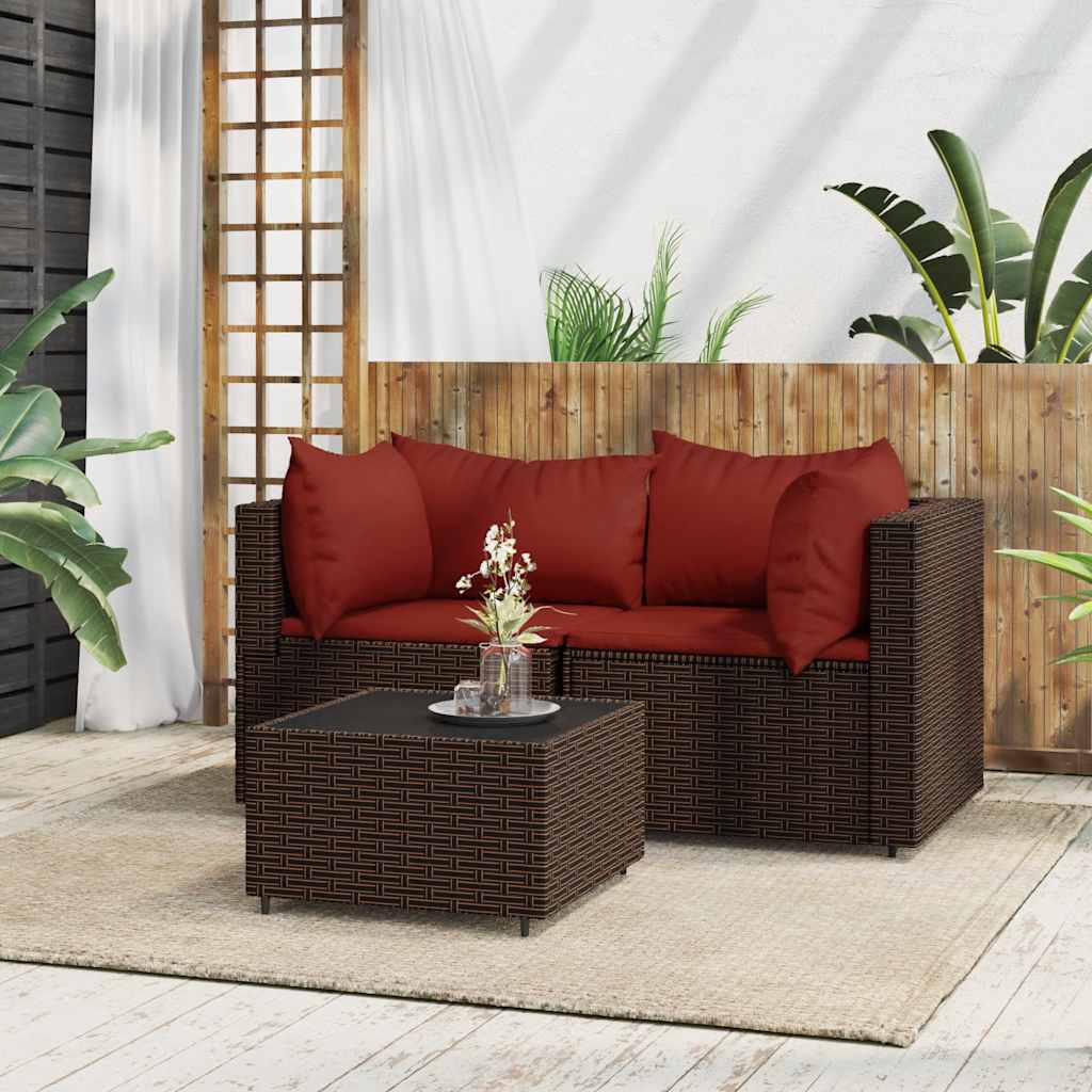 vidaXL 3 Piece Garden Lounge Set with Cushions Brown Poly Rattan
