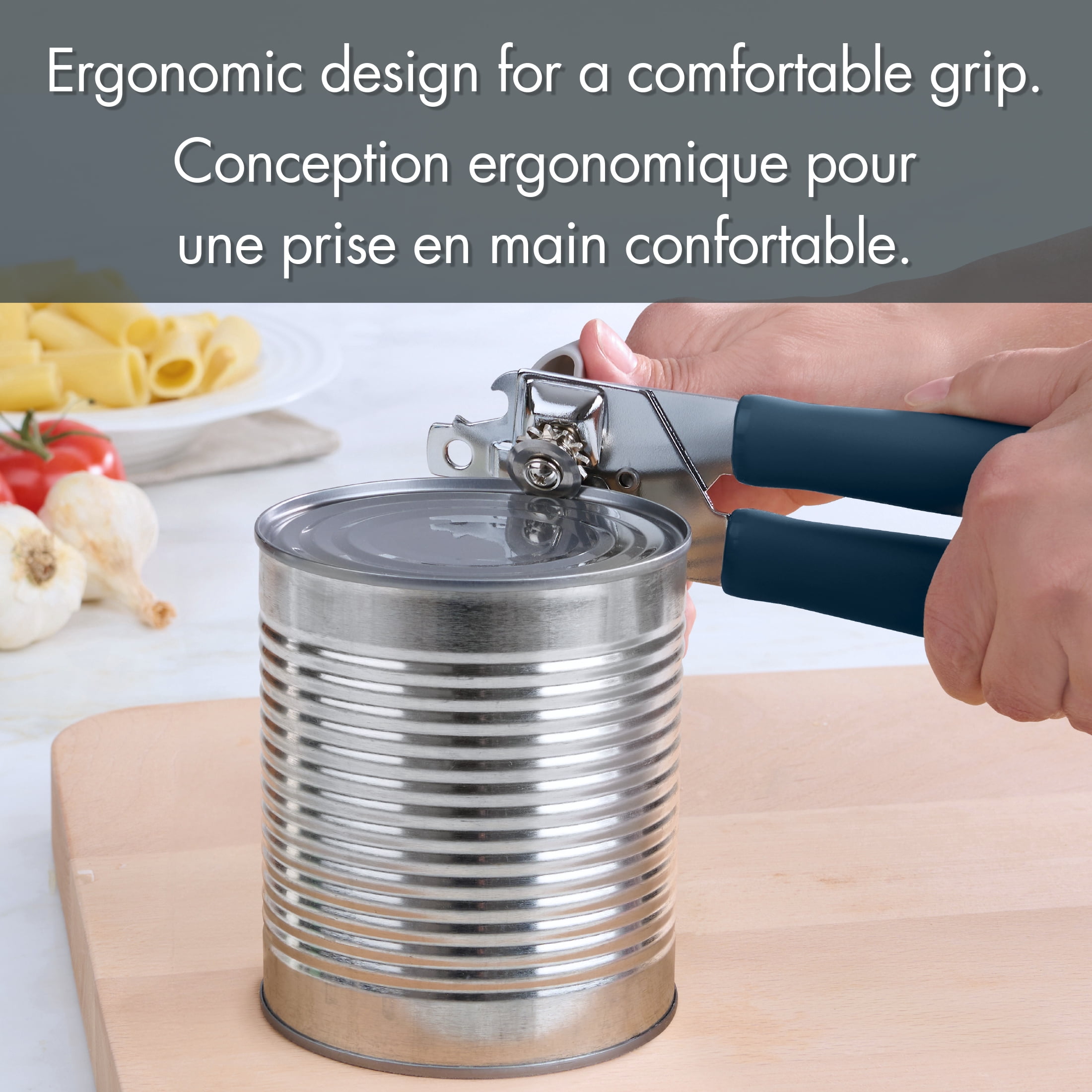 Mainstays Kitchen Manual Can Opener with Integrated Bottle Opener, Ergonomic Handle, 20 cm, Navy