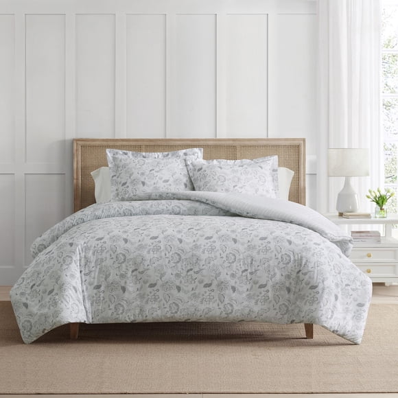 Martha Stewart Everyday 3 Piece Juliet Jacobean Printed Cotton Comforter Set, Grey, King