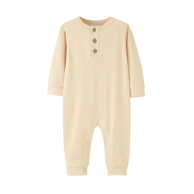 tarylea Newborn Baby Girls Boys Clothes Crew Neck Button Rompers Long Sleeve Solid Color Jumpsuits Casual Fall Comfy Outfits
